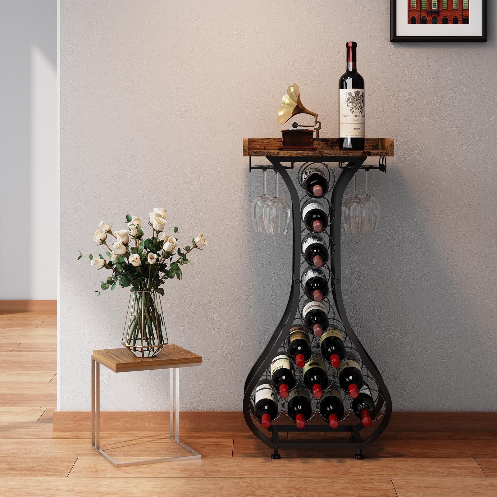 Floor Wine Rack with Glass Holder & Wood Tabletop