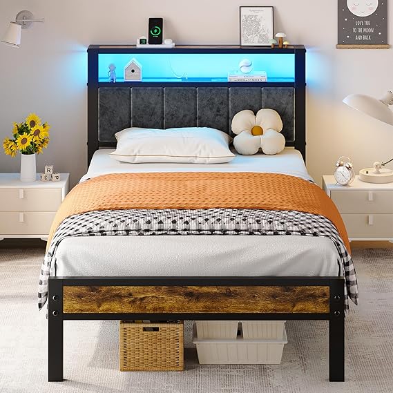Queen Size Bed Frame with 2-Tier Storage Shelves Headboard