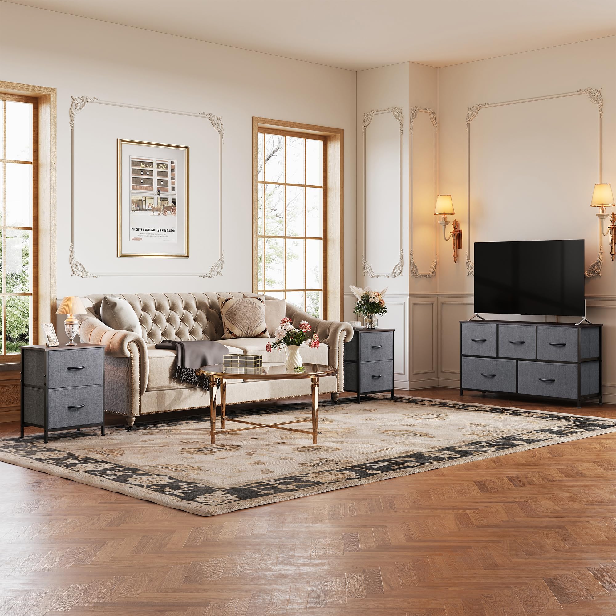 2-Drawer Nightstand with 2 and 5-Drawer Dresser Set, Fabric Storage Tower for Bedroom