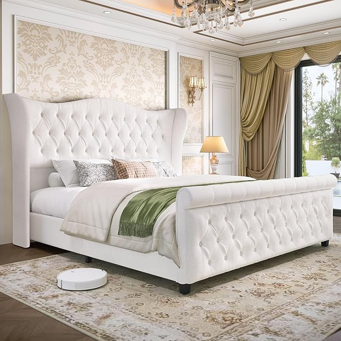 King Size Chenille Upholstered Bed Frame, Sleigh Platform Bed Frames with 51" Tall