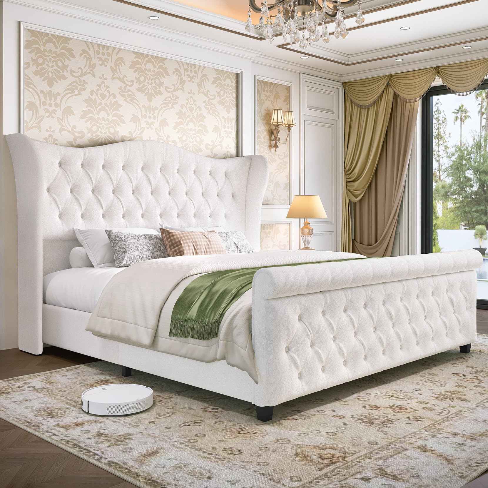 King Size Chenille Upholstered Bed Frame, Sleigh Platform Bed Frames