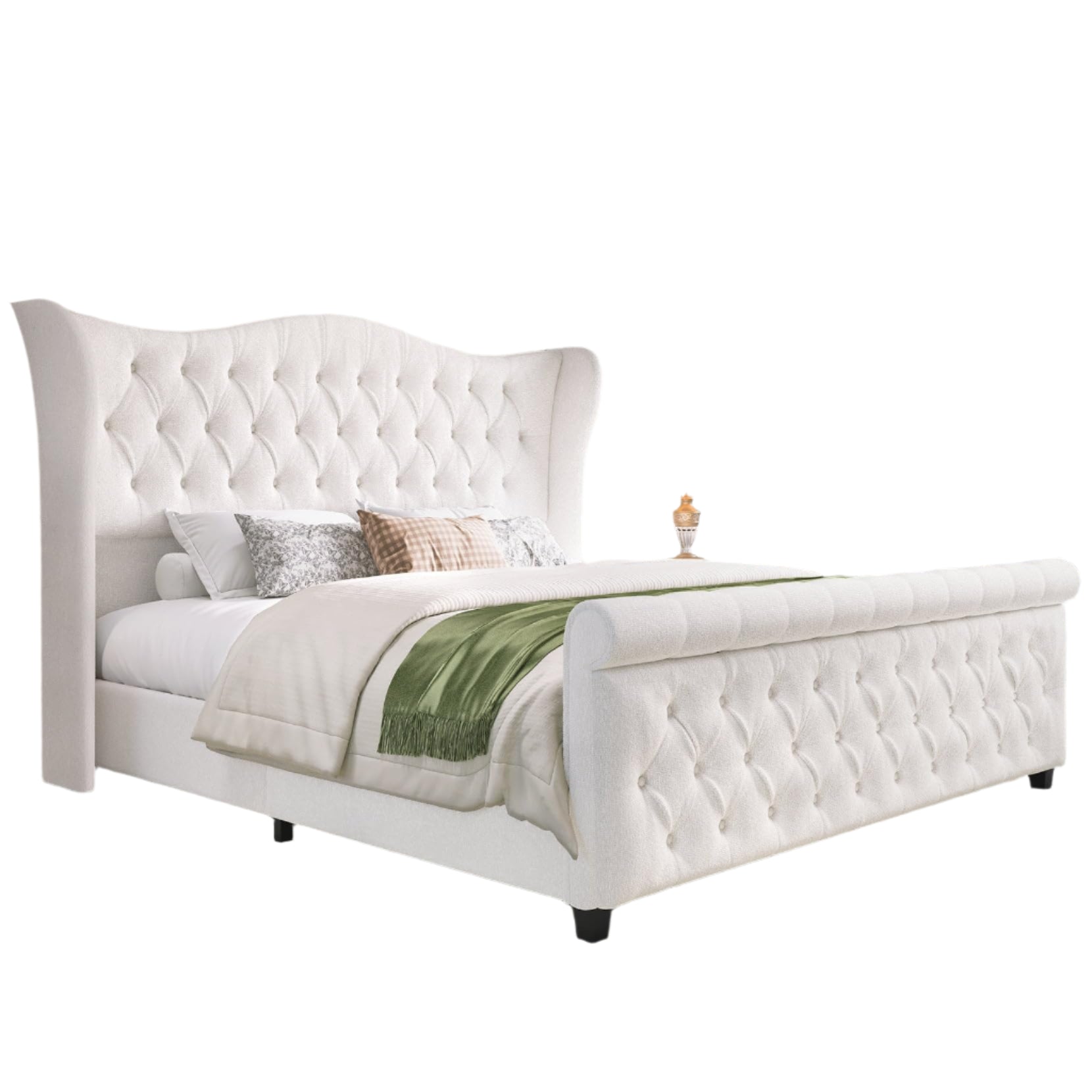 Bed Frame Chenille Upholstered Platform Sleigh Bed with 51" Scroll Wingback Tall  Slats Support/No Box Spring Required/Cream