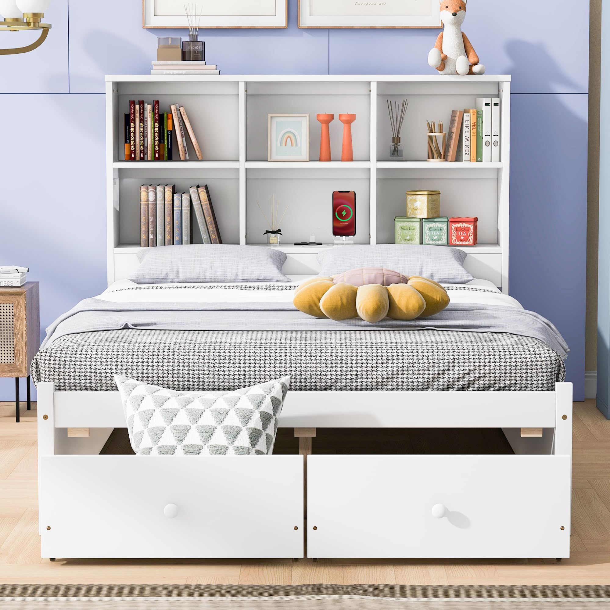 Frame with Bookcase Headboard and Charging Station, Wood Platform Bed