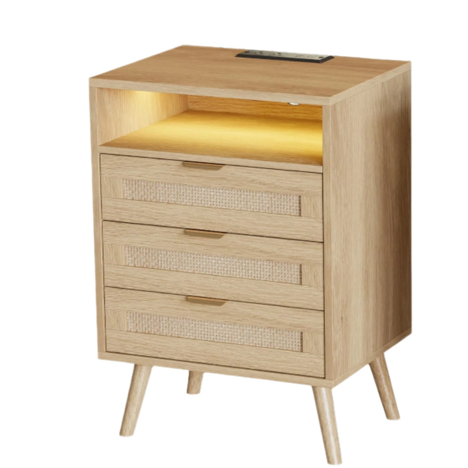 Rattan Nightstand with Charging Station USB Port Led Lights and 3 Storage Drawers