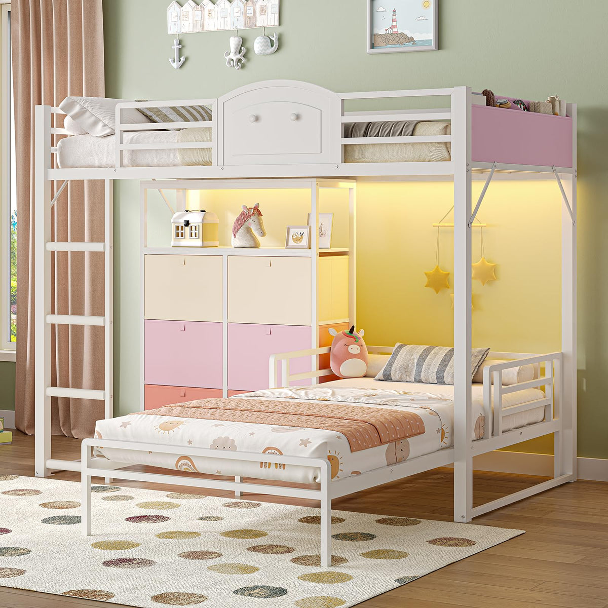 Twin Over Twin Convertible Bunk Bed – 6 Drawers, RGB LED, Metal Frame