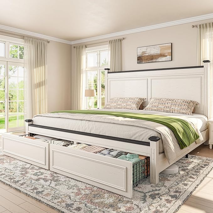 Full Size Bed Frame with Storage Drawers and 51.25" H Headboard, Modern Full Bed Frame
