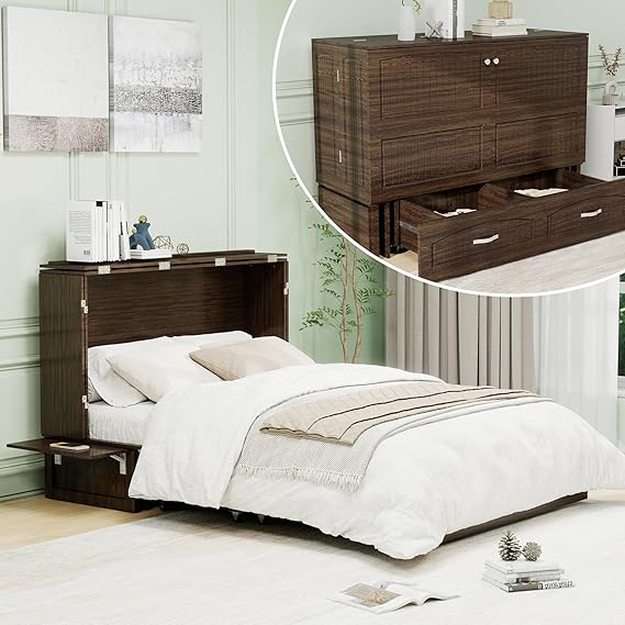 Queen Size Murphy Bed Cabinet with Storage Drawers and Shelf and Charging