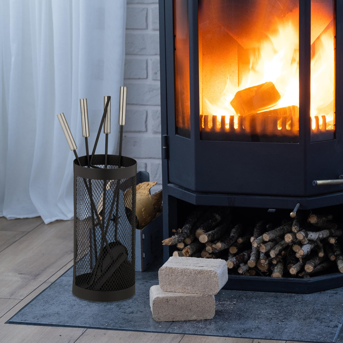 5-Piece Fireplace Accessory Set with Tray, Poker, Ash Shovel, Brush & Tongs