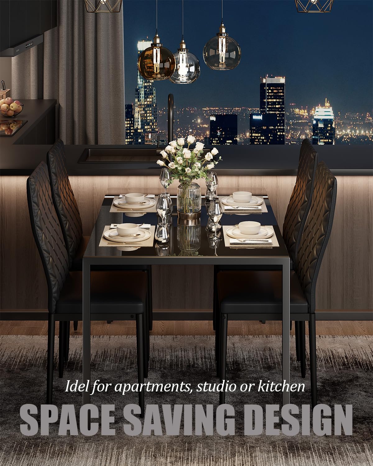 5-Piece Modern Dining Table Set with Tempered Glass Top & PU Leather Chairs