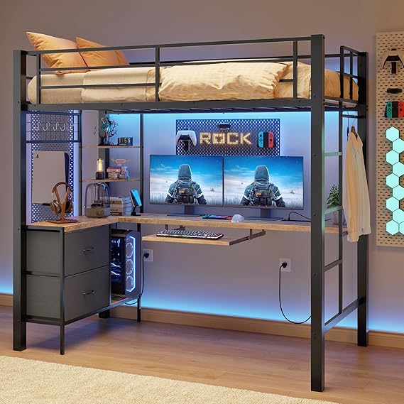 Twin Loft Bed with L-Shaped Desk and LED Lights, Charging Station