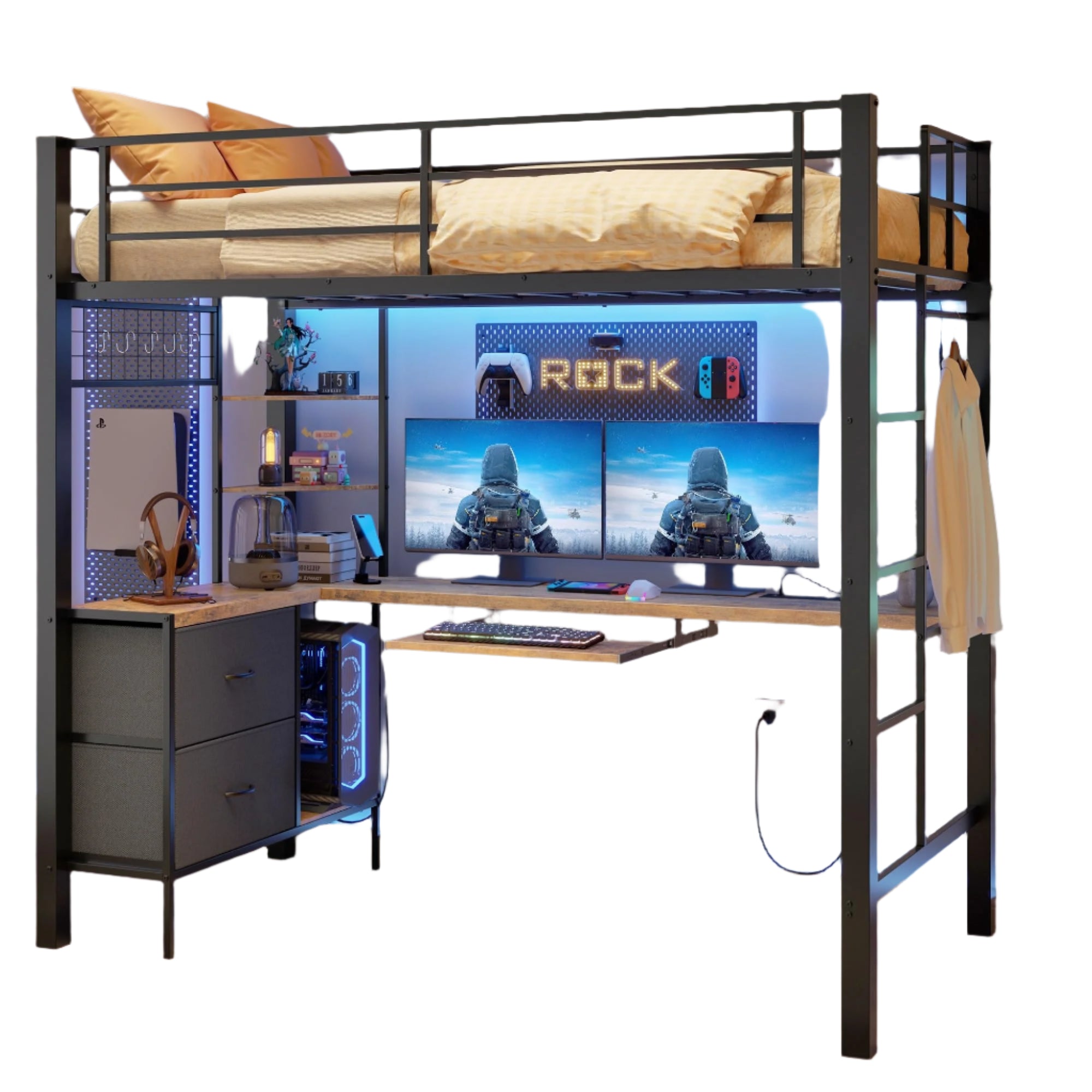 Twin Loft Bed with L-Shaped Desk and LED Lights, Charging Station