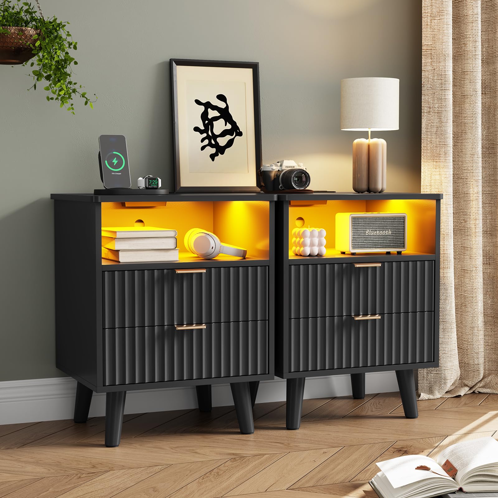 Fluted Nightstand Set of 2 with Charging Station, Black LED Nightstand