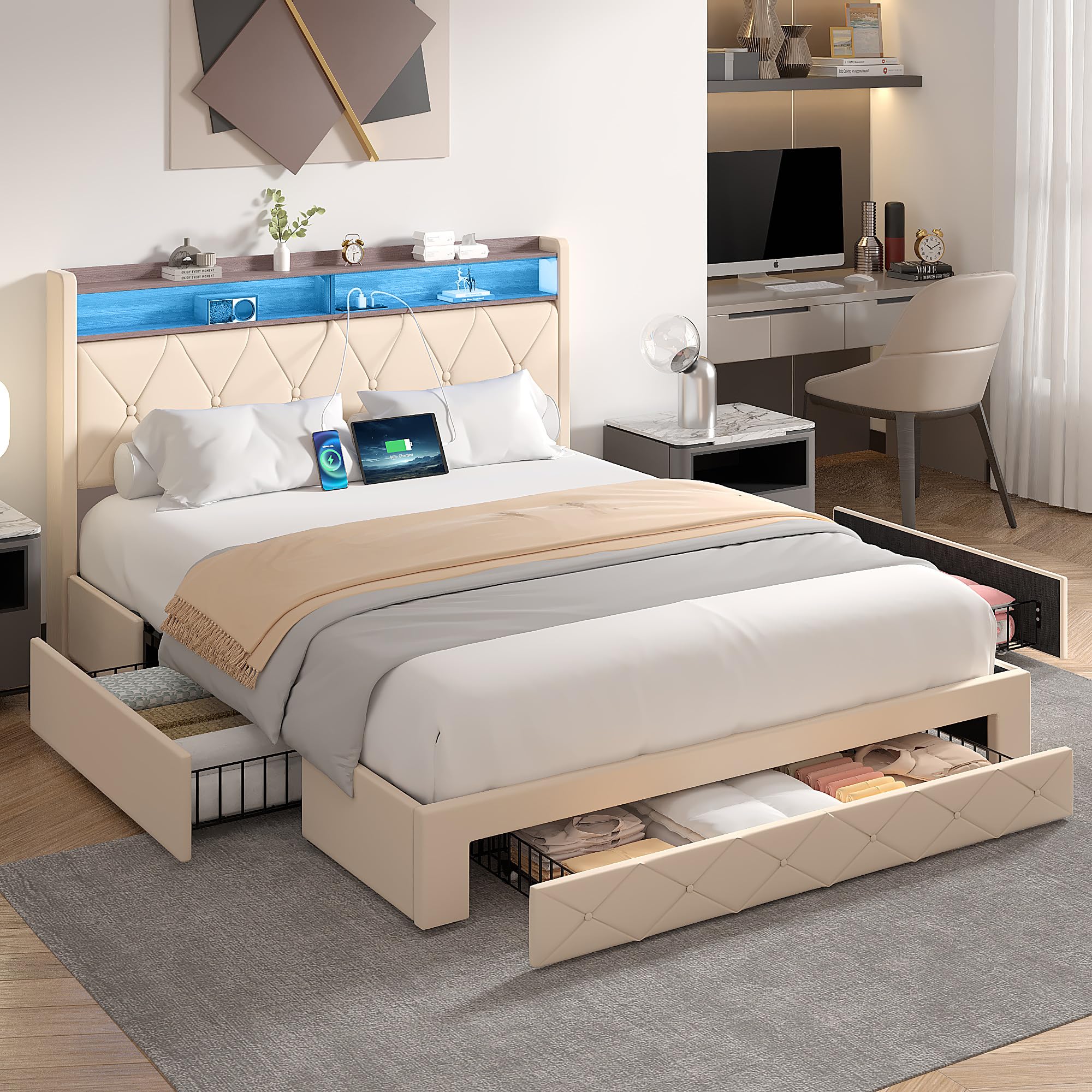 Queen Size Upholstered Bed Frame with Headboard