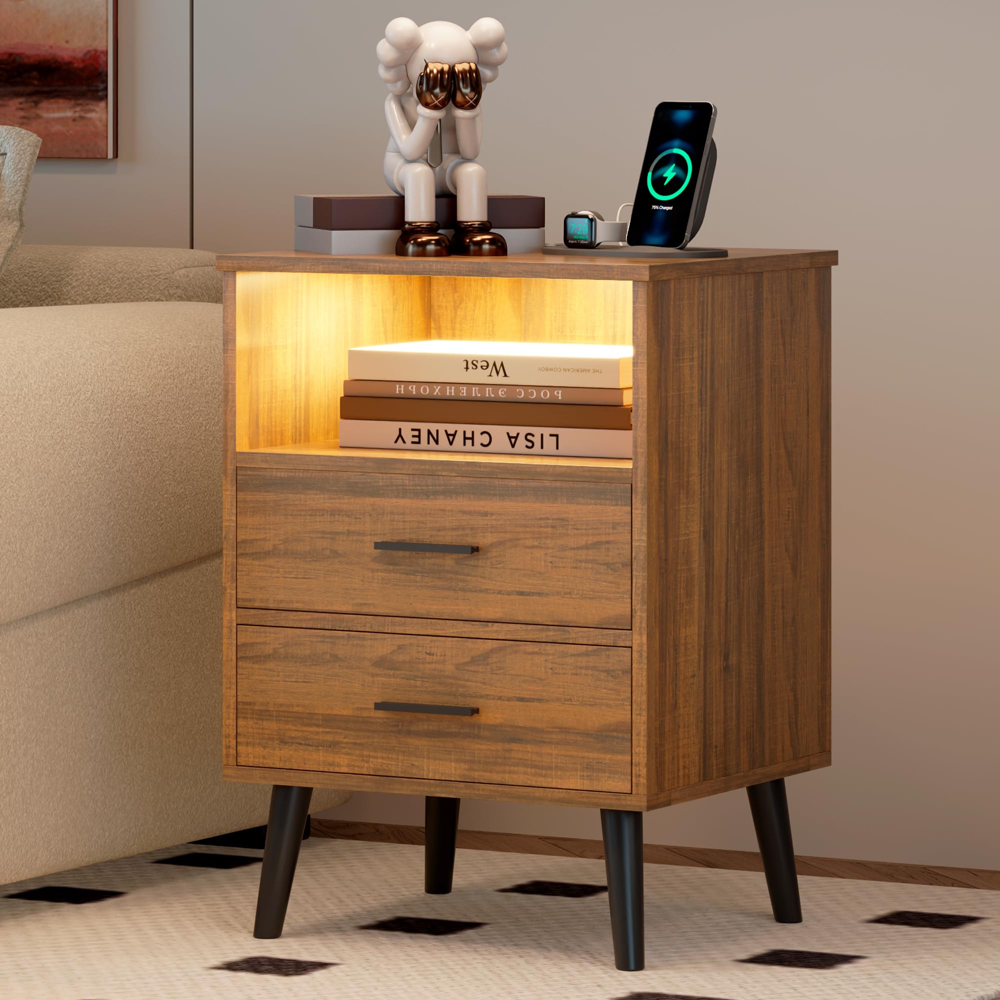 Nights Stand with Gun Drawer, Bedroom LED Nightstand with Charging Station