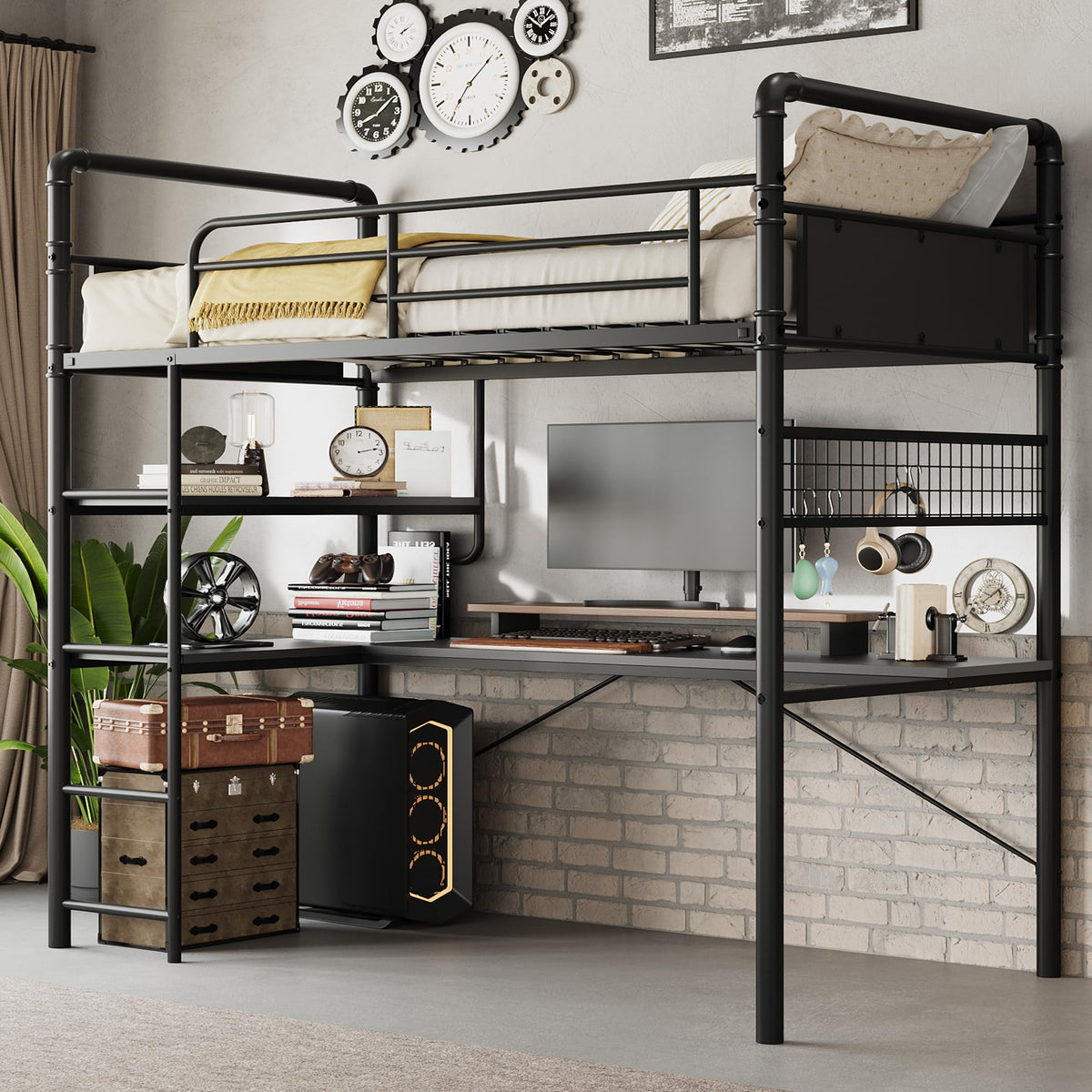 Twin Metal Loft Bed with L-Shaped Desk & Storage Shelves