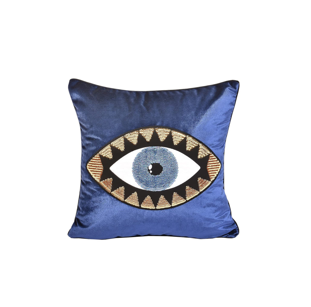 18"x18" Evil Eye Embroidery Velvet Throw Pillow Cover – Navy Blue & Gold, Zipper