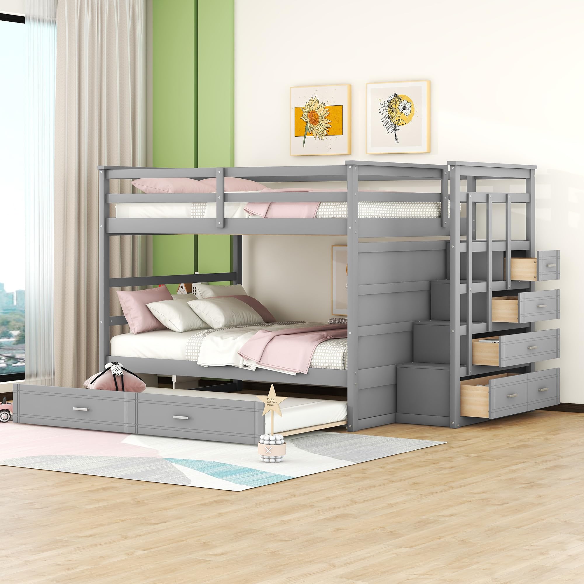 Over Full Bunk Bed with Twin Trundle and Drawers, Space Saving Wooden Bed Frame