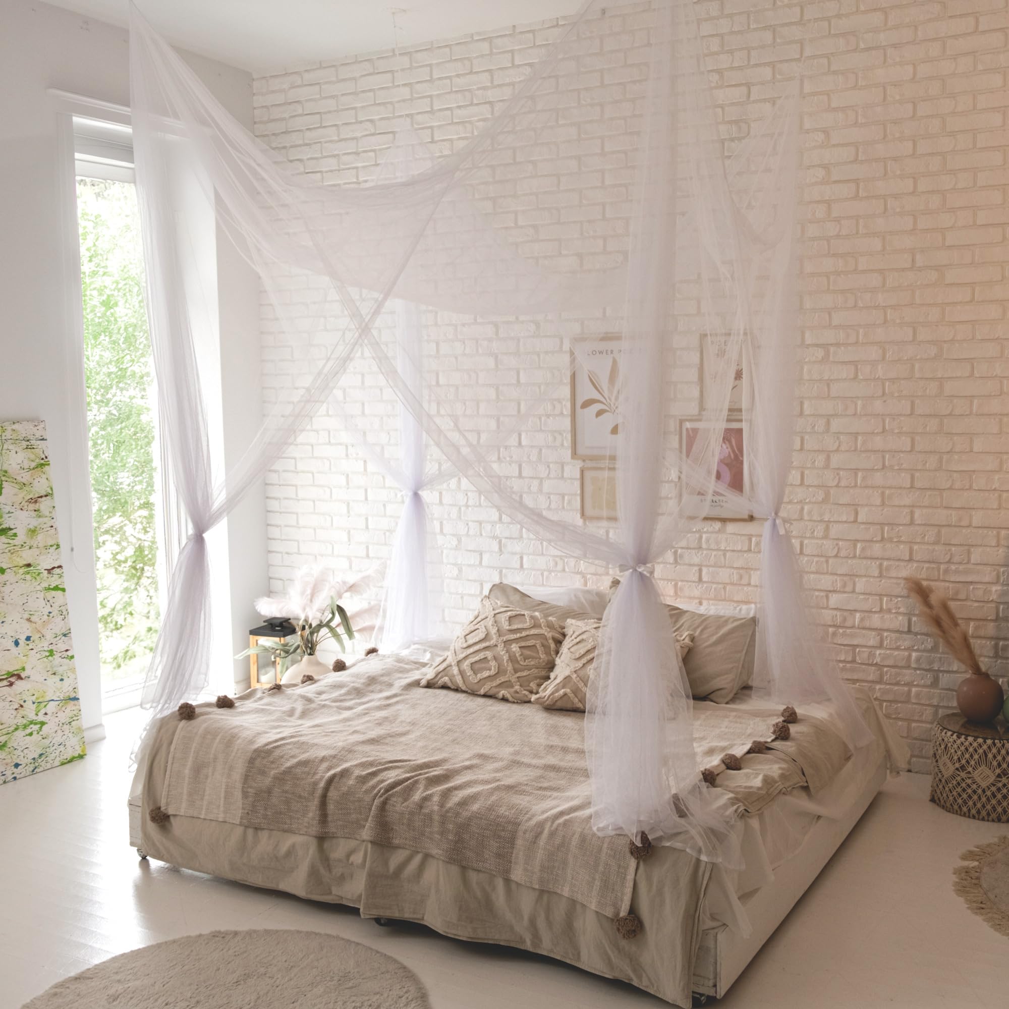 Canopy Bed Curtains with Lights, White Bed Canopy For Girls & Adults | Fits Single