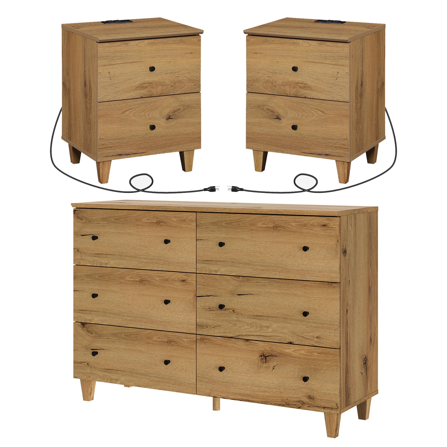 Dresser and Nightstands Set of 3, 47.2 Inches Wood Dresser with 6 Drawers