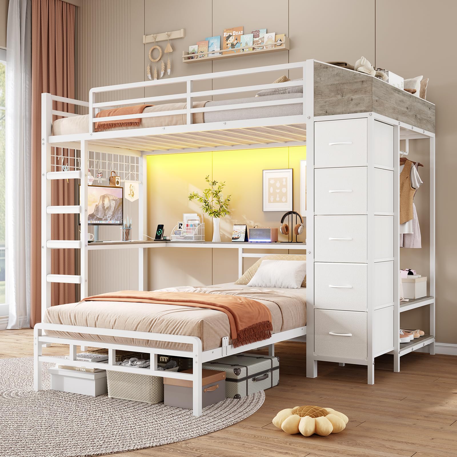 Bunk Bed Twin Over Twin with Hall Tree, Charging Station and LED Lights
