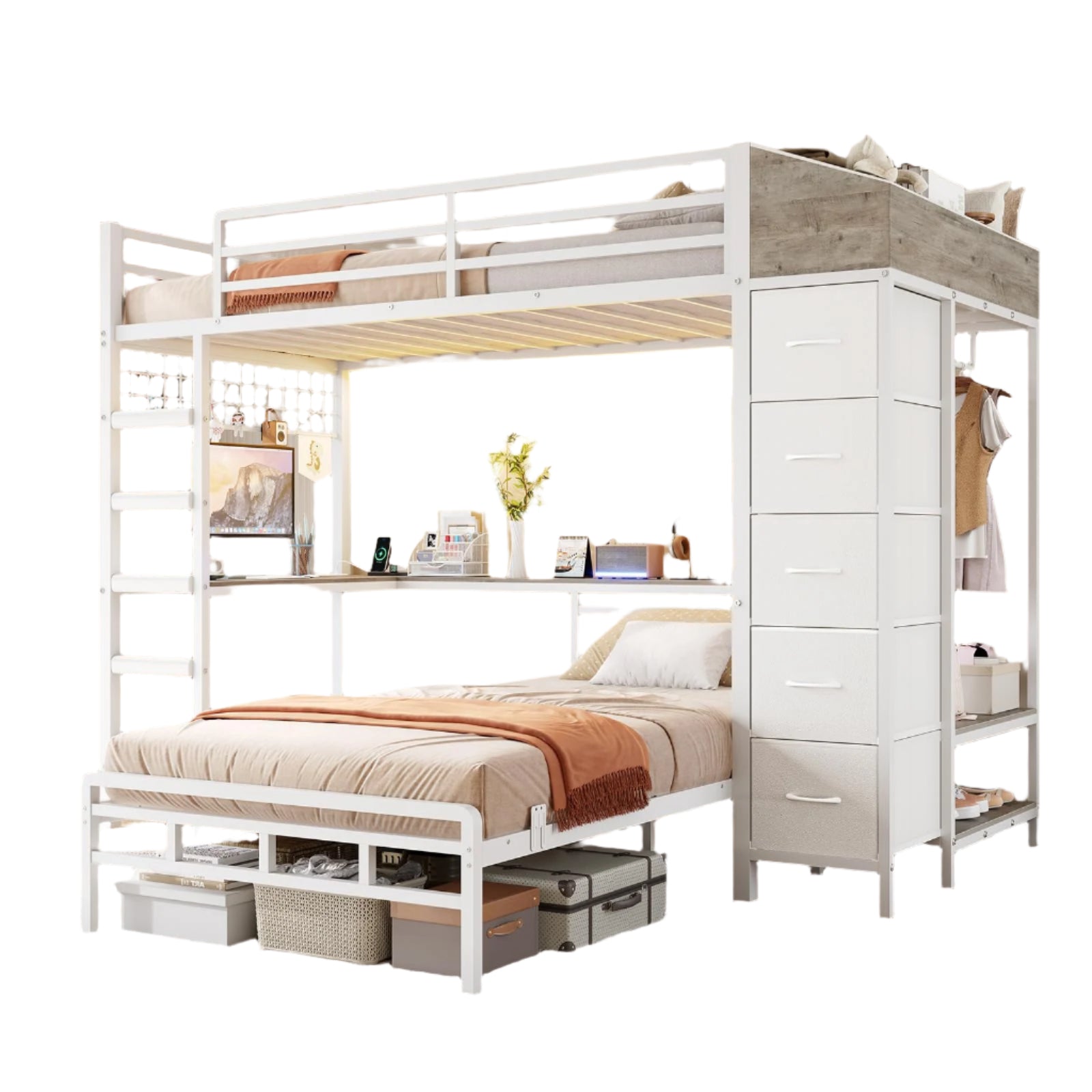 Bed Twin Over Twin with Hall Tree, Charging Station and LED Lights