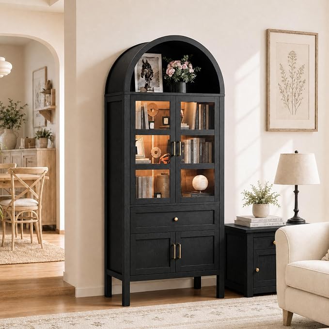 Arched Bookcase with Motion Sensor Lights & Glass Doors