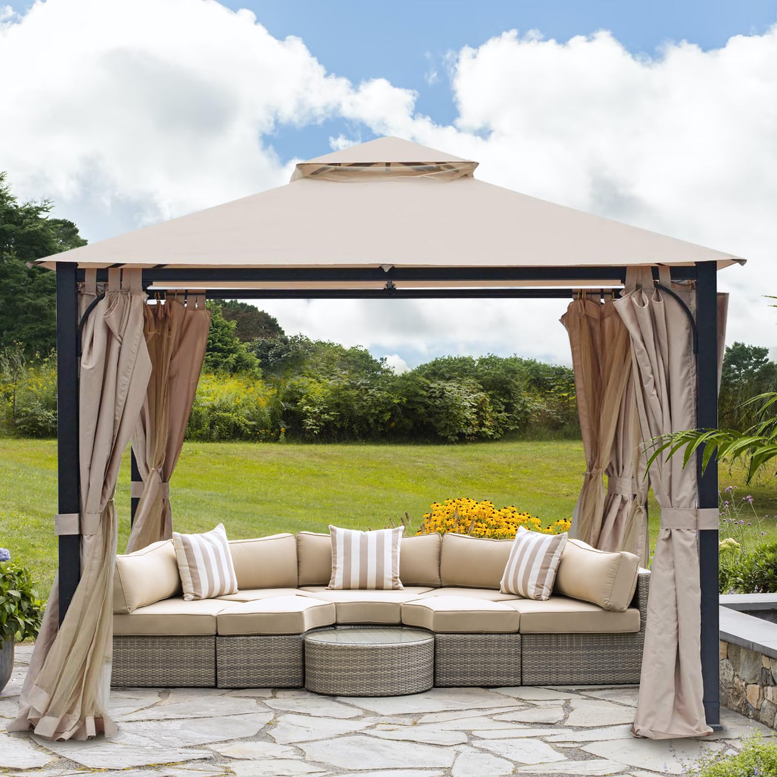 10 * 10 FT Softtop Metal Gazebo with Mosquito Net, Sunshade Curtains, and Galvanized Steel Design - Ideal for Gardens, Patio,