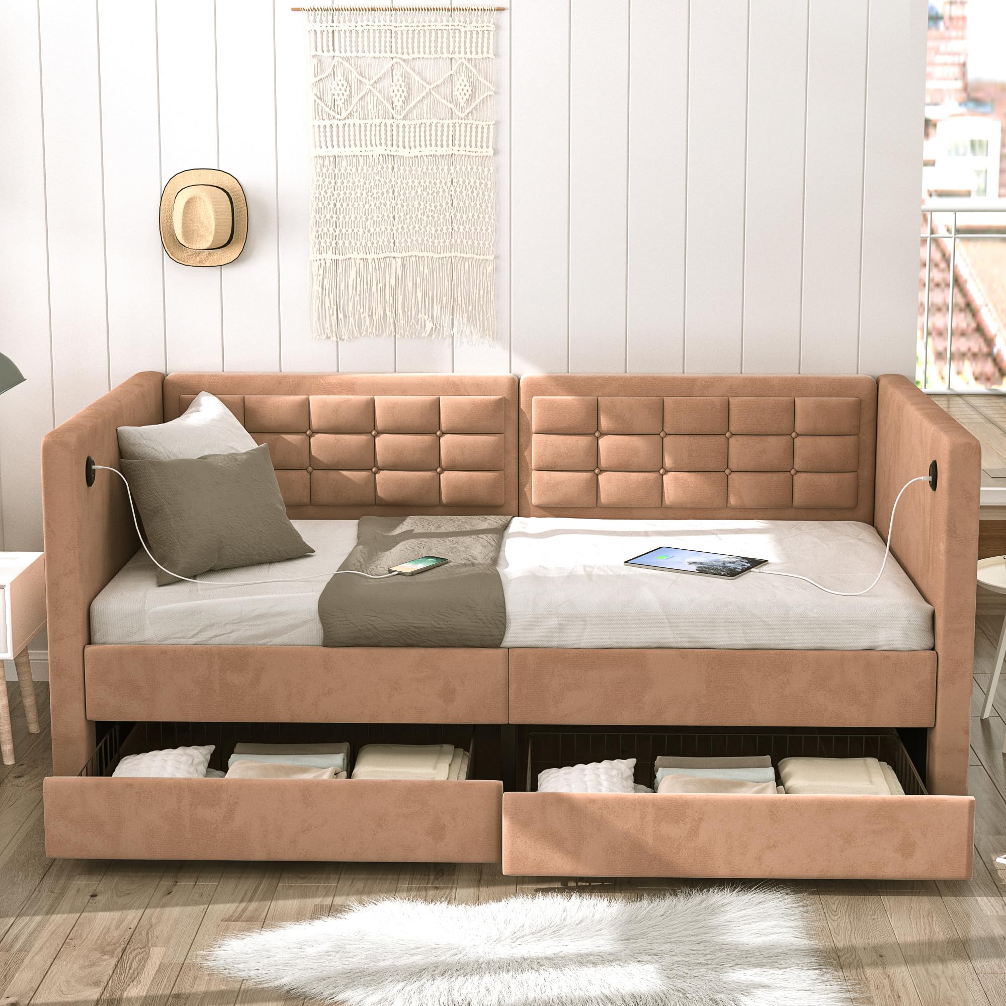 Twin Daybed with Storage Drawers, Upholstered Day Bed with Button Tufted