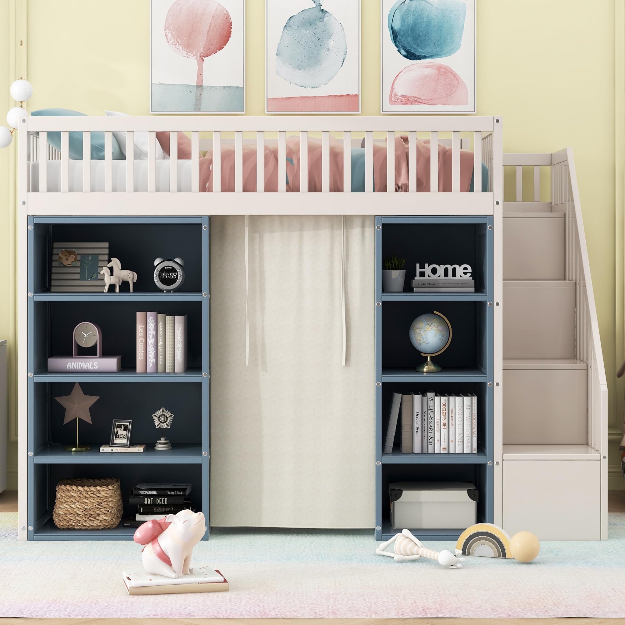 Full Size Loft Bed with 2 Four-Layer Racks and Storage Staircas