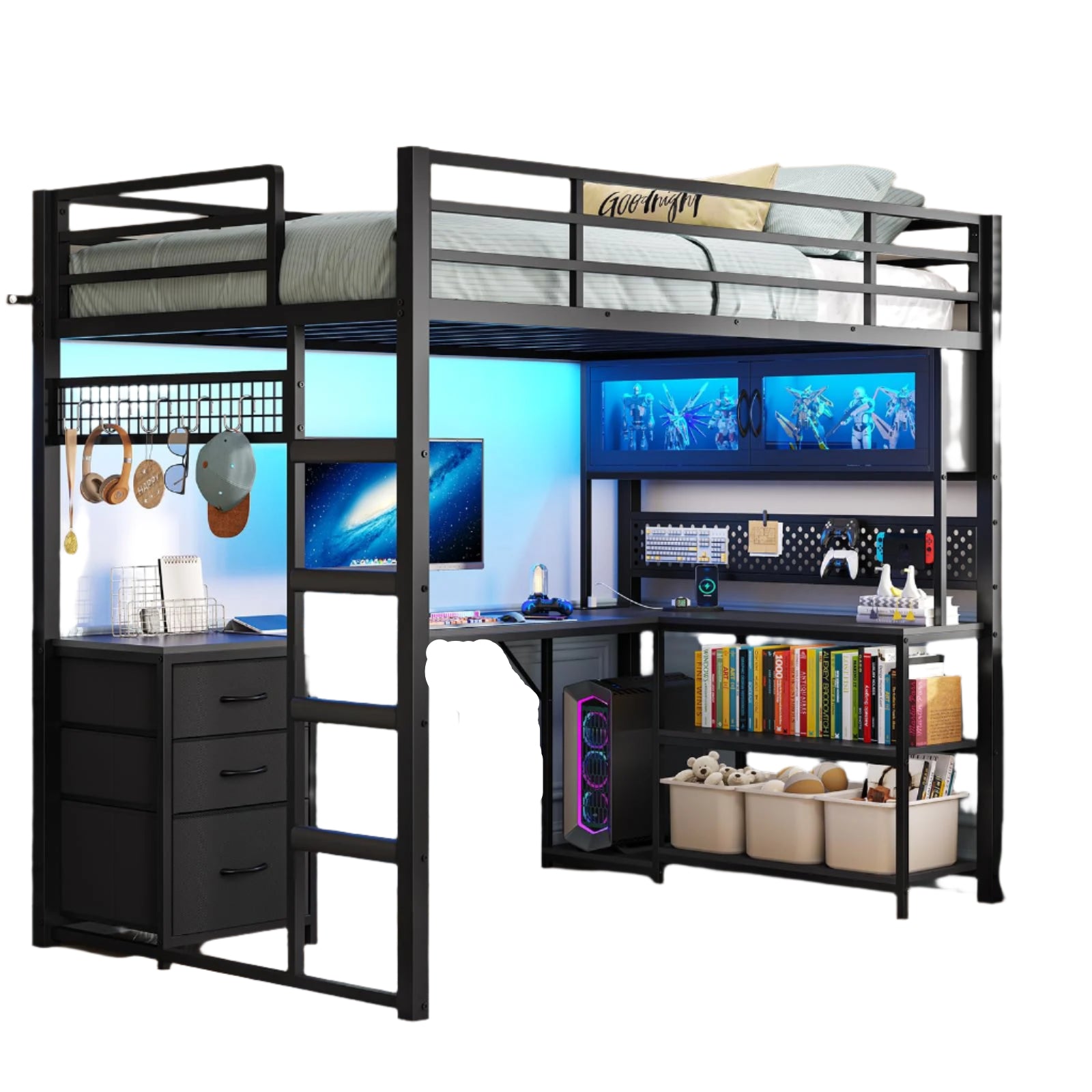 Twin Size Loft Bed with L-Shaped Gaming Desk, Storage Drawers & Hutch