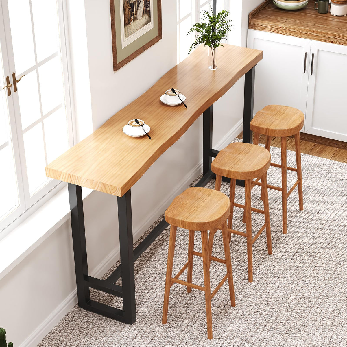 Solid Wood Live Edge Bar Table with Built-in Footrest & Metal Legs