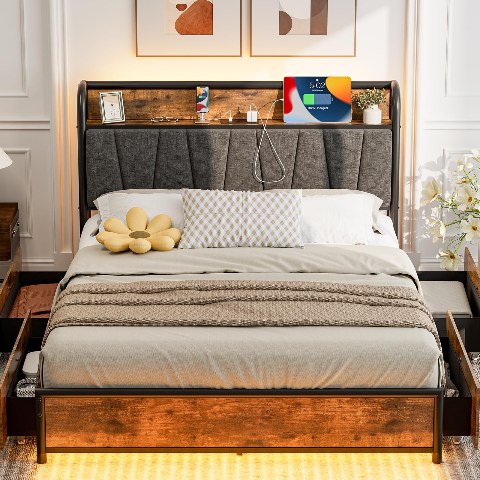 Full Size Bed Frame with Headboard and Storage 4 Drawers