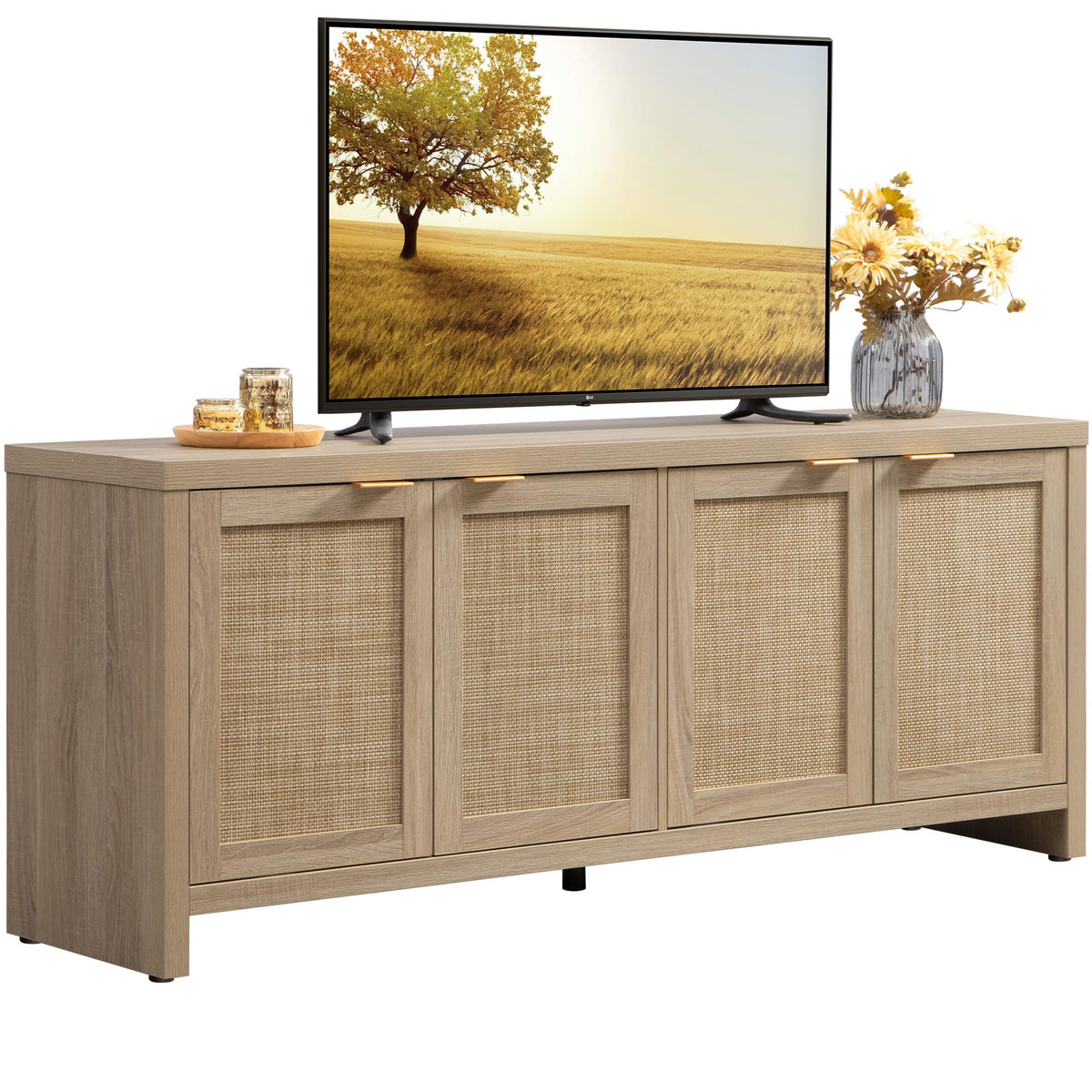 Boho Rattan TV Stand with 4 Cabinet Doors, Fits TVs up to 65"