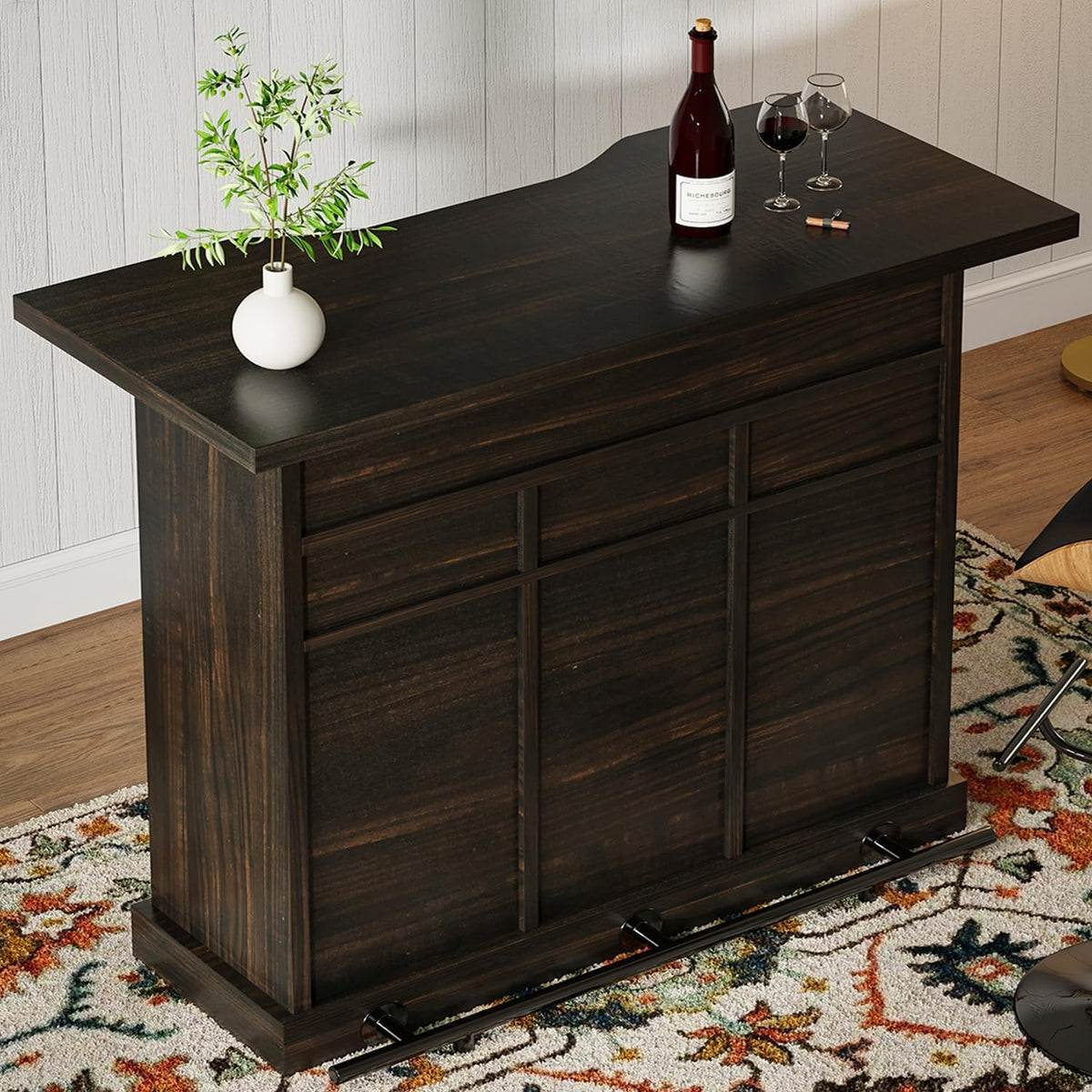52" Farmhouse Bar Cabinet with Wine Rack & Foot Rail
