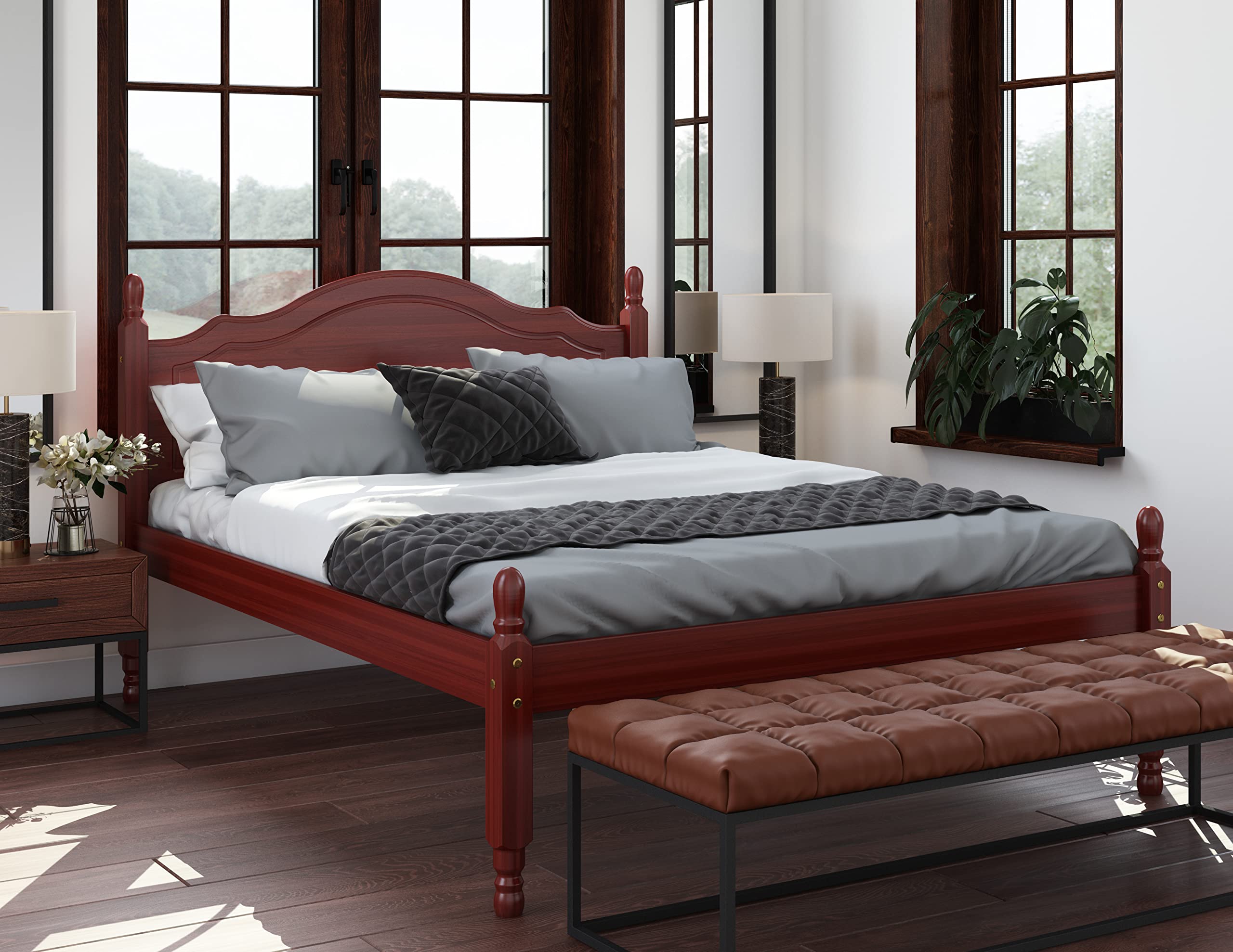 100% Solid Wood Reston Panel Headboard Platform Bed, Full Size, Mahogany