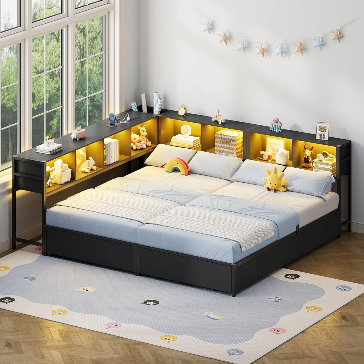 Twin Beds with LED & Storage Bookcase Divider