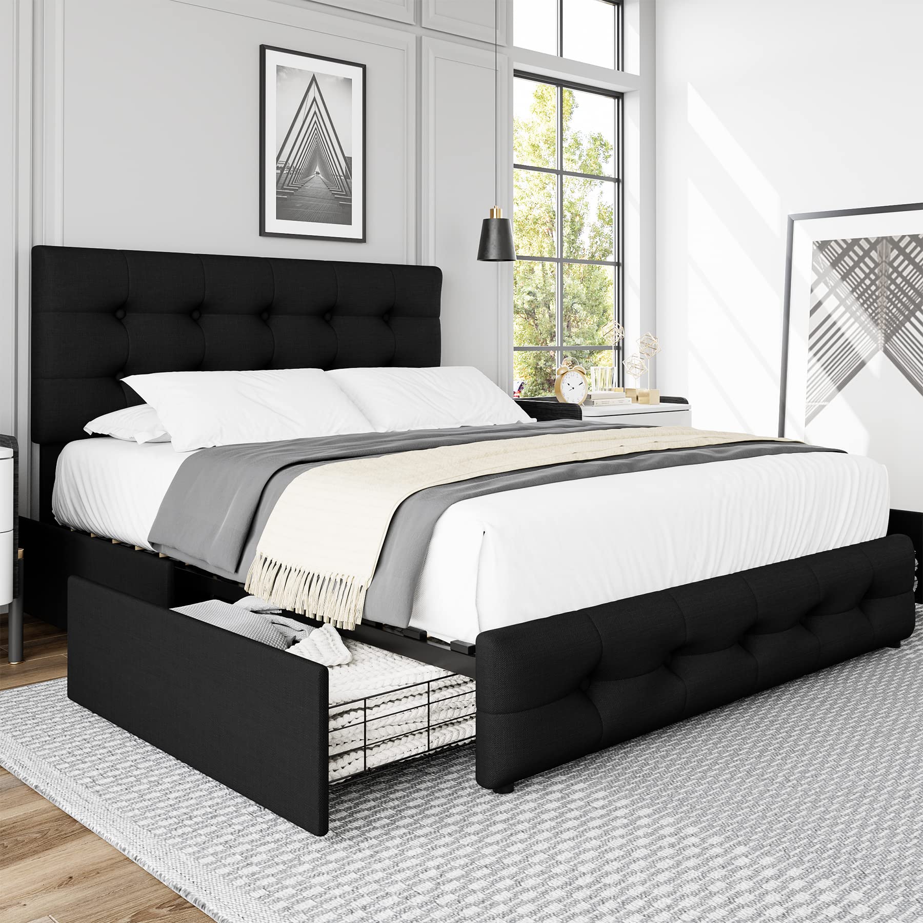 Queen Bed Frame with 4 Storage Drawers and Adjustable Headboard, Upholstered Platform