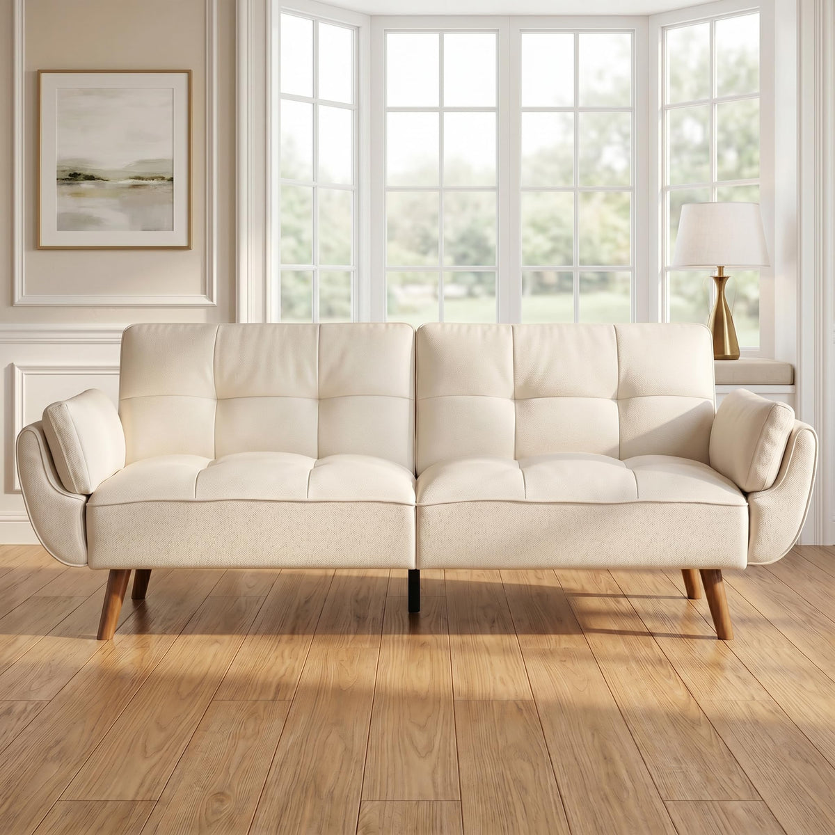 Convertible Futon Sofa Bed with Adjustable Backrest – Beige