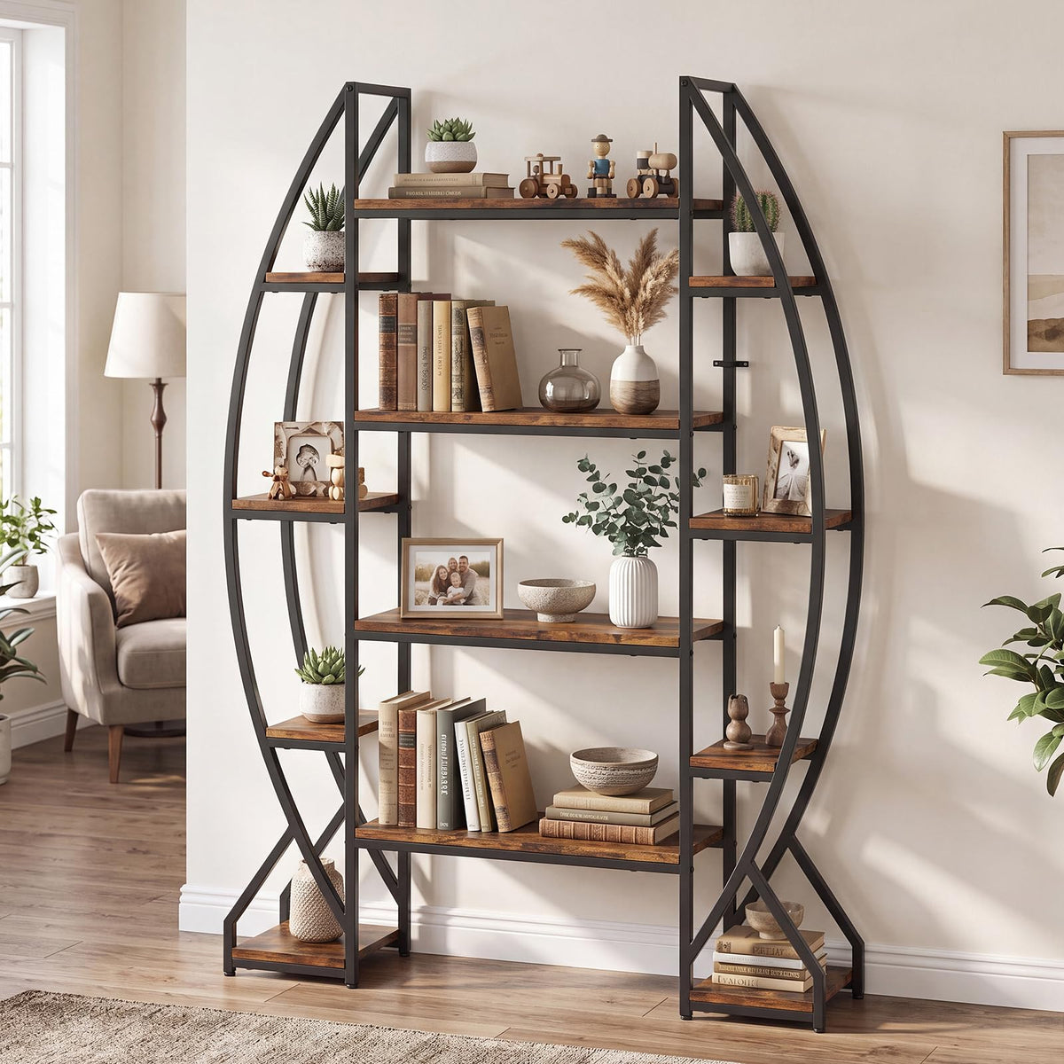 Oval Industrial Bookshelf 12-Shelf Etagere