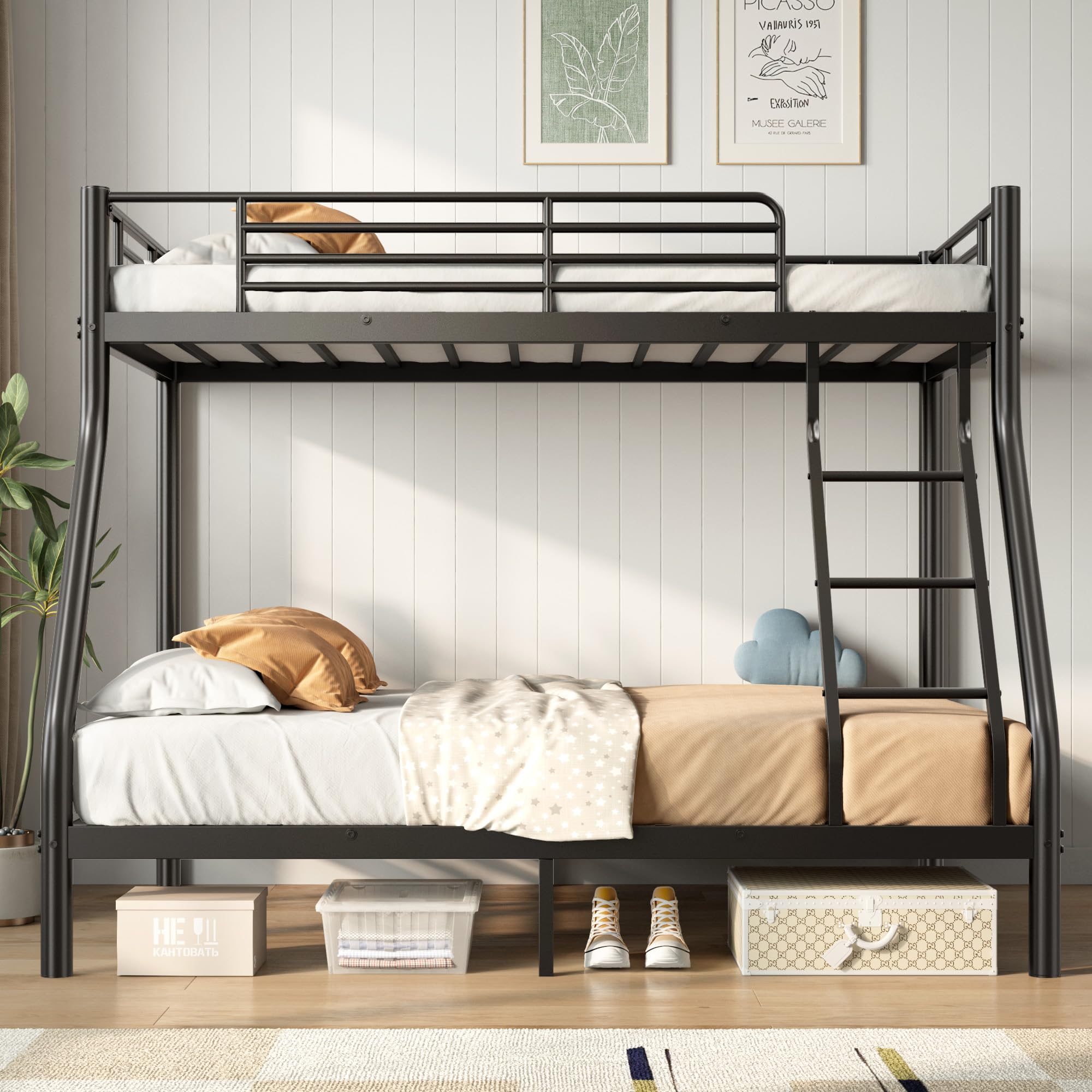 Full Bunk Bed, Metal Bunk Beds Twin Over Full Size with Safety Ladder