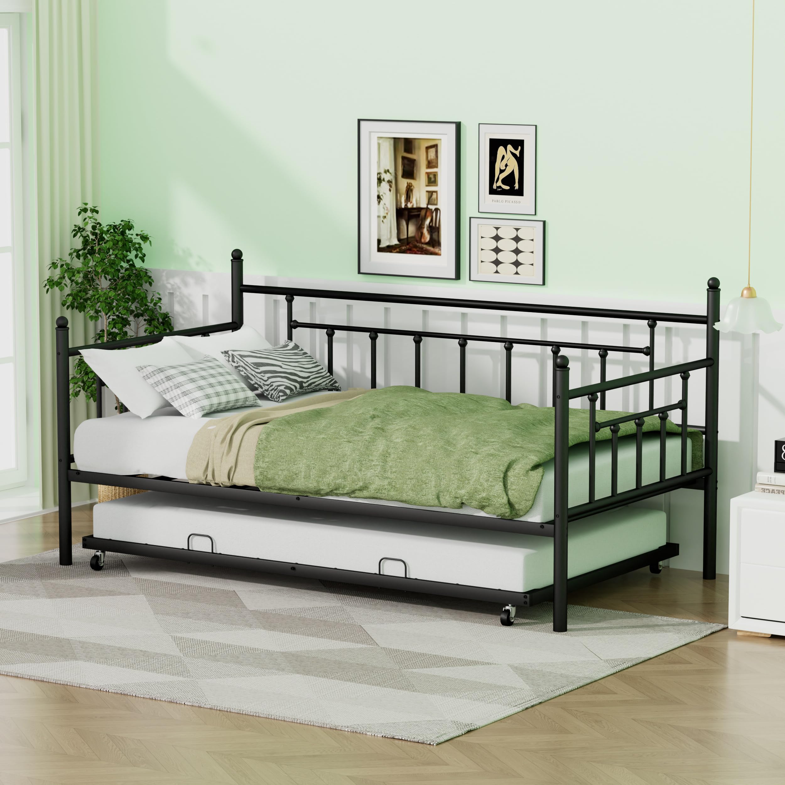 Daybed with Trundle, Black Twin Day Bed with Backrest, Metal Trundle