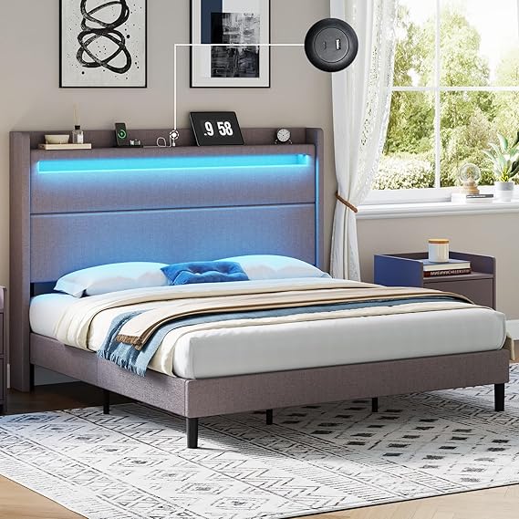 King Size Bed Frame with RGBW LED Light & Charging Station