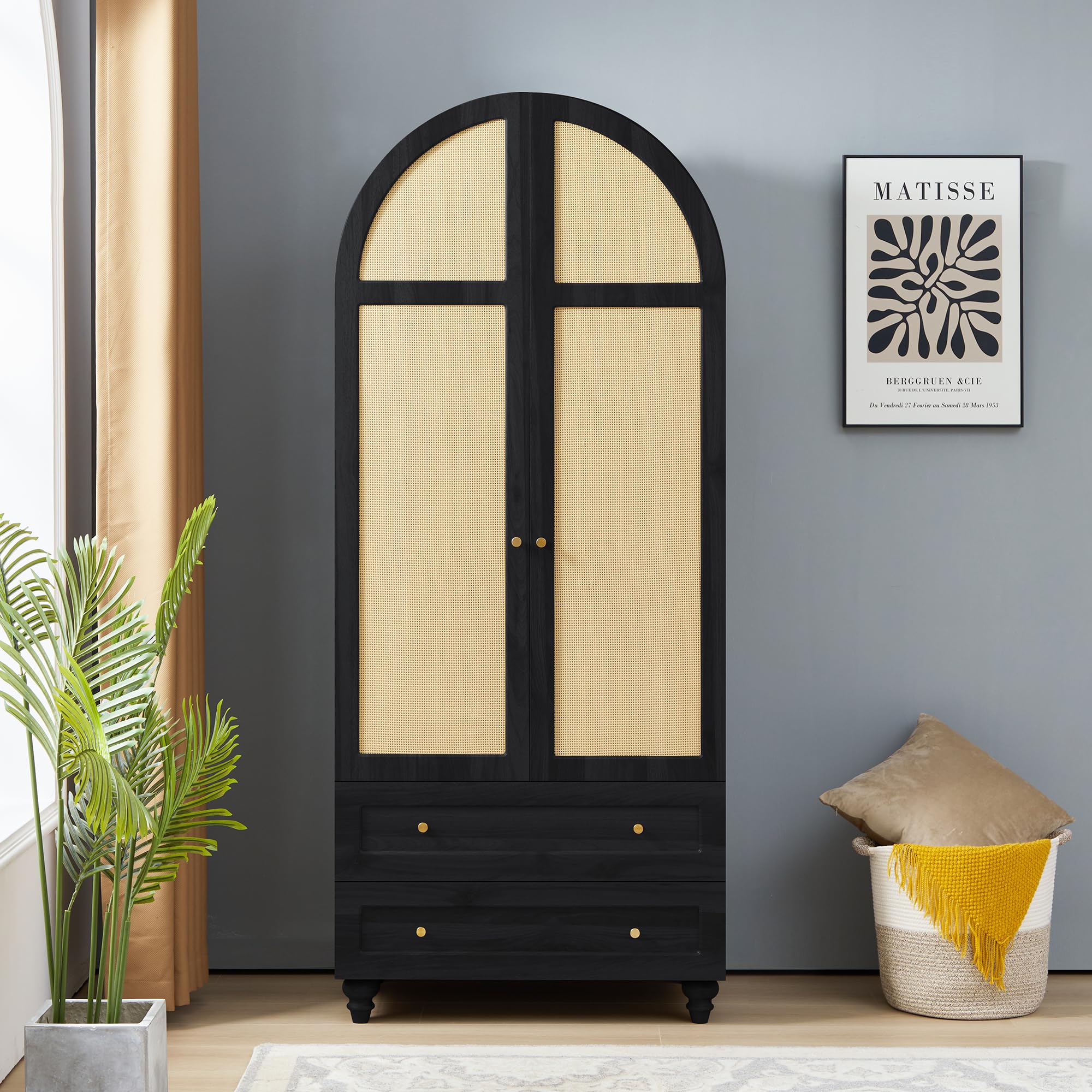 Wardrobe Closet, Arched Rattan Wardrobe Cabinet with Hanging Rod