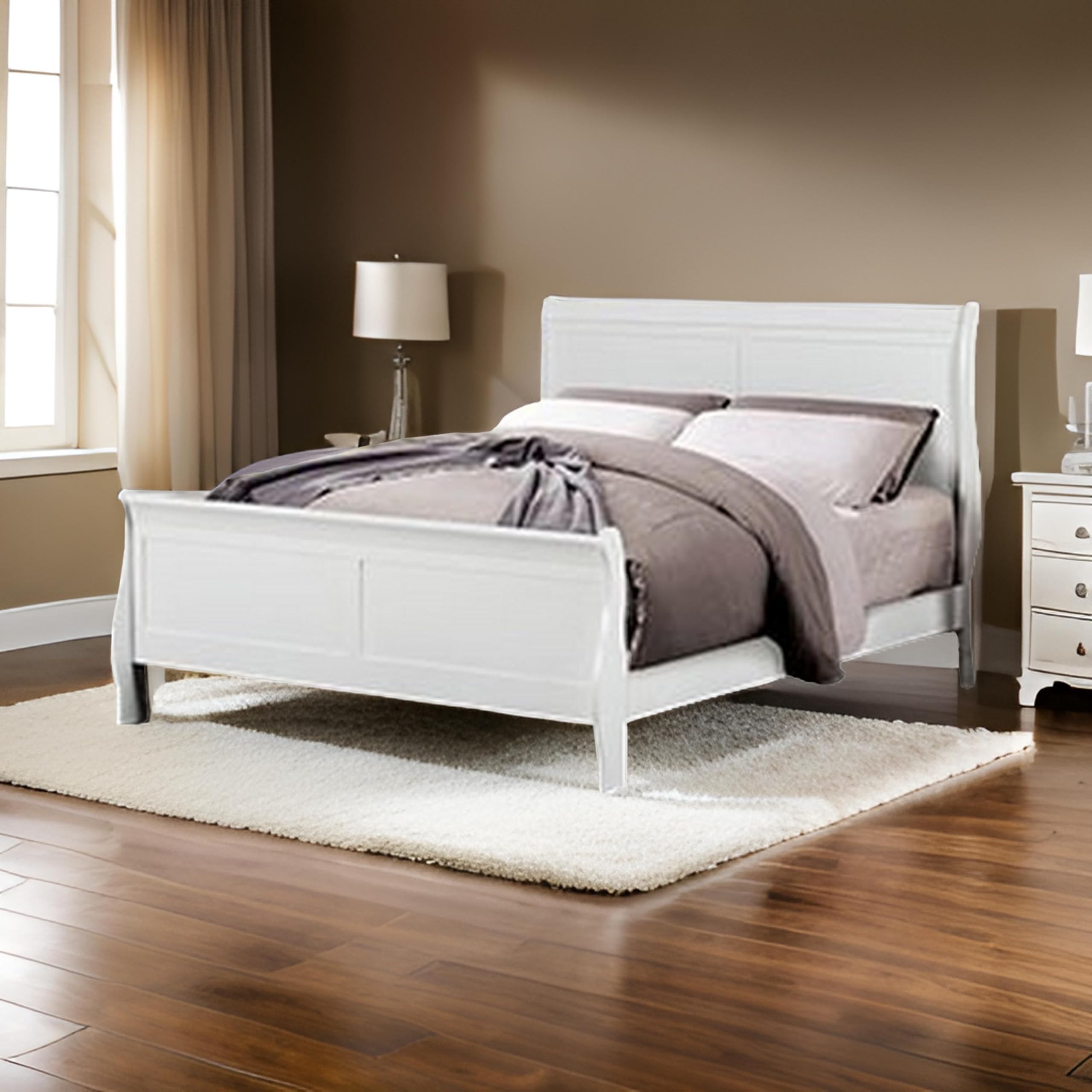 RYLA Full Size Bed, Sleek Modern Panel Headboard Design, White Solid Wood