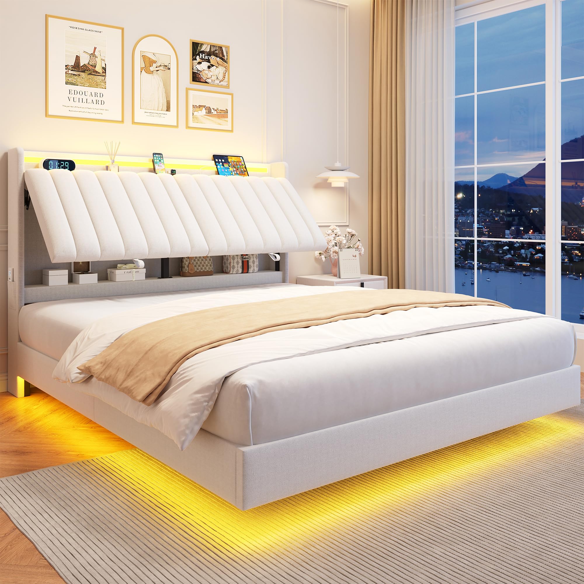 Queen Size Floating Bed Frame with Ergonomic Hidden Storage Headboard