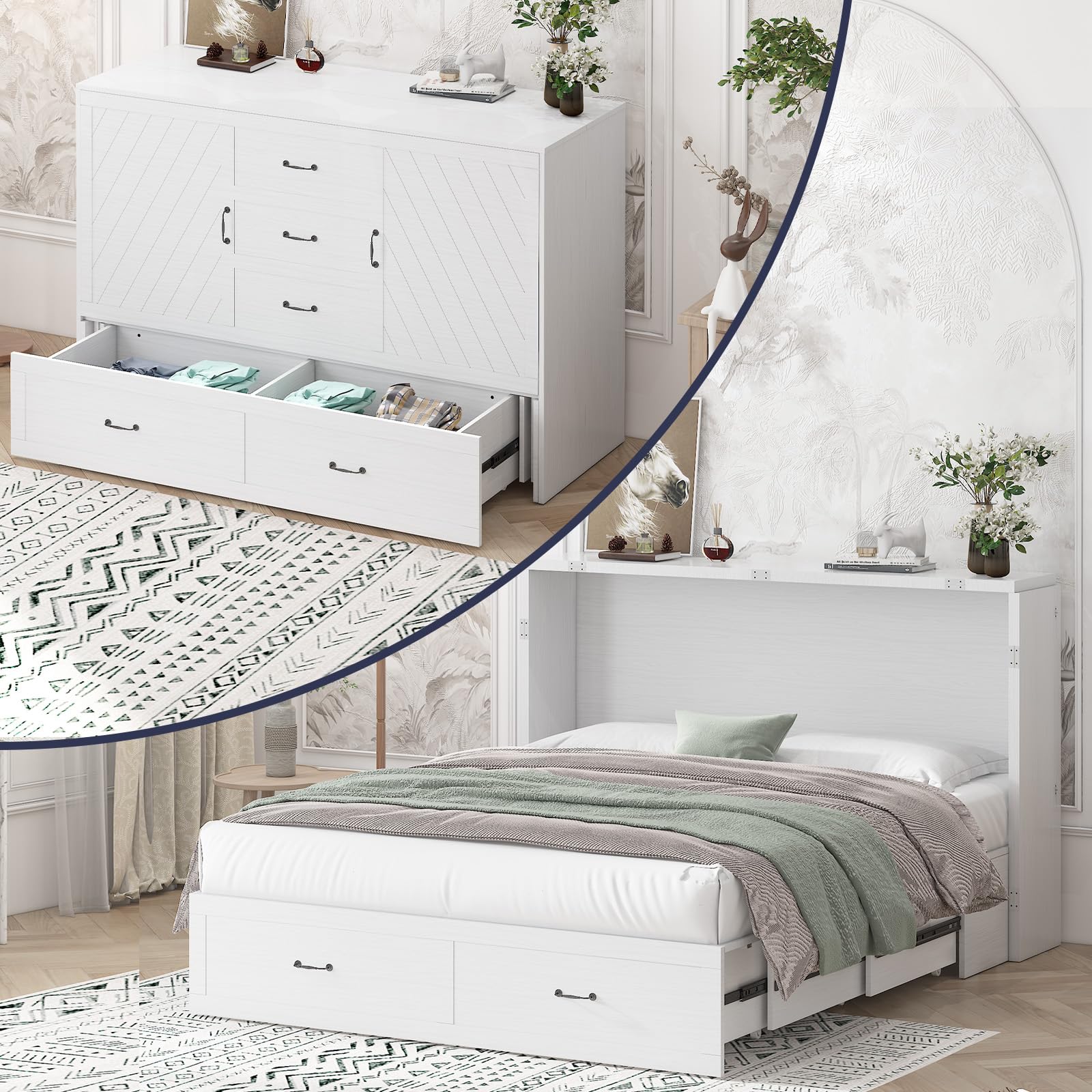 Queen Murphy Bed with Foldable Mattress in a Cabinet, Space-Efficient Cubic