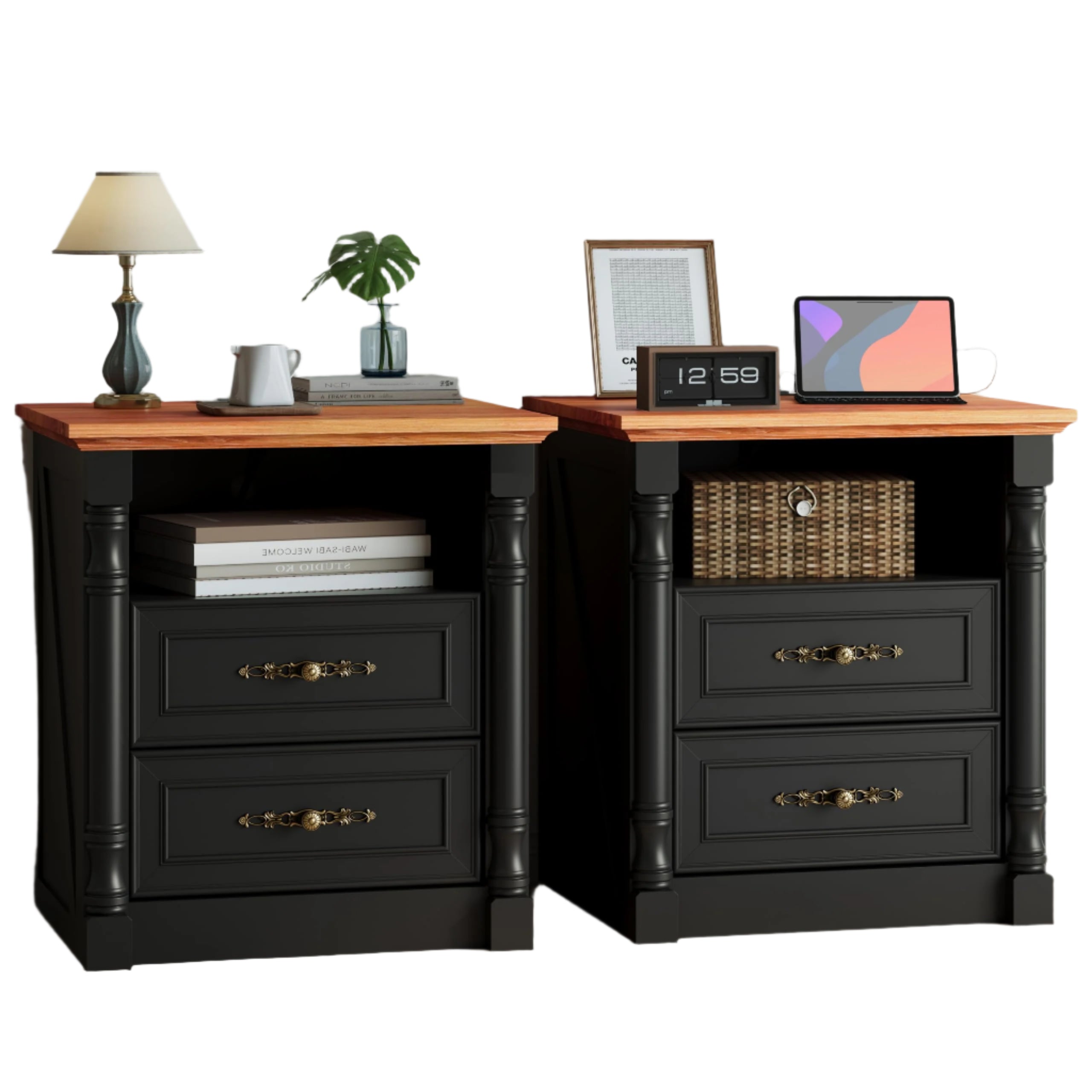 Farmhouse Nightstands Set of 2 with Charging Station, 22" Wide Wood Night Stand