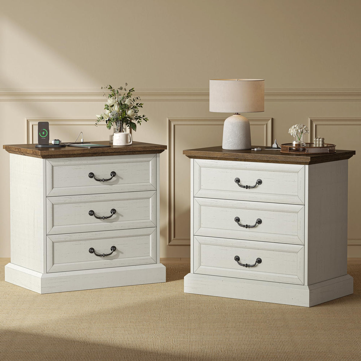 Farmhouse Nightstand with Charging Station & 3 Drawers, Set of 2