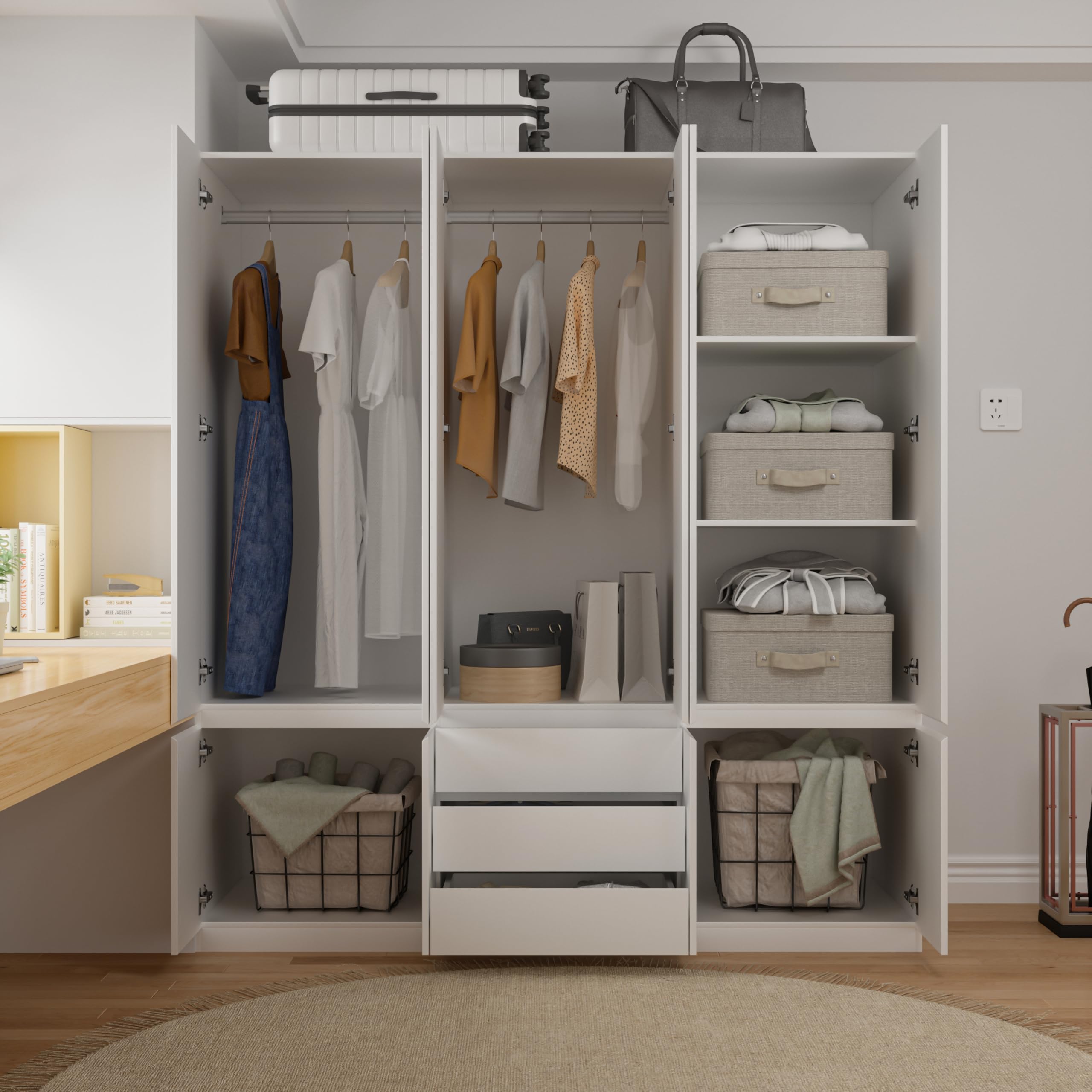 Large Armoire Wardrobe Closet with Drawers and Shelves, White Bedroom Armoires