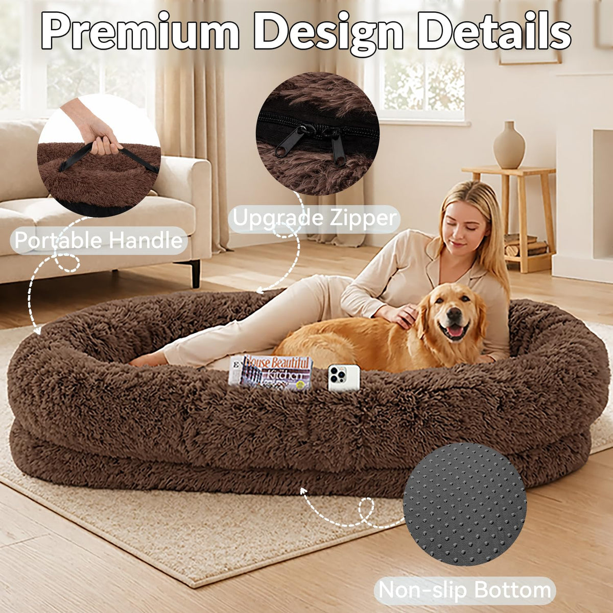 Oversized Human Dog Bed – Orthopedic Foam, Washable Cover, Brown